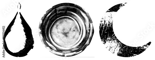 Graphic elements with halftone texture, water droplet, circular rim, moon shape, vector art, isolated symbols.