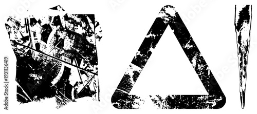 Artistic abstract forms with rough textures, geometric, distressed halftone style, vector illustration, graphic design element.