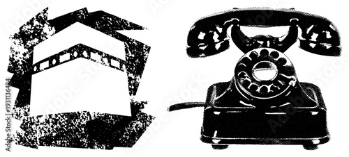 Retro rotary telephone with circular dial and handset, film strip with perforated edge, classic analog communication and symbols.