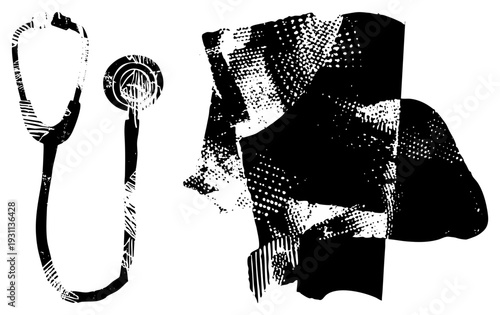 Medical stethoscope and stylized human torso rendered in high contrast halftone, graphic illustration, healthcare, diagnostic tool, black and white vector art.