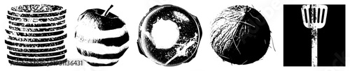 Black and white halftone rendered food items pancakes,, donut, coconut, spatula graphic design elements, stylized food, vector illustrations, textures.