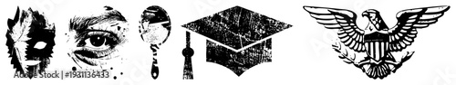 Distressed black and white including theatrical mask, detailed eye, ornate mirror, graduation cap, and eagle emblem with stars and stripes. Graphic symbols with grunge texture.