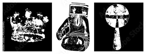 Distressed black and white vector crown, boxing glove, handheld fan. Grunge texture, high contrast stencil style, isolated foreground elements.