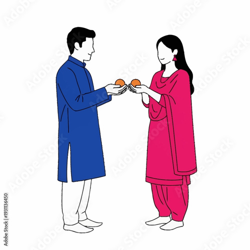Man and Woman Exchanging Diwali Sweets.