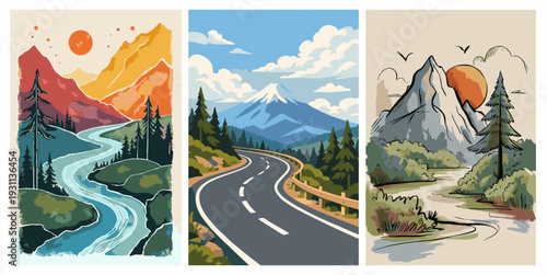 Set of three nature landscape posters. Modern flat vector of winding roads, rivers, and mountains at sunset and morning