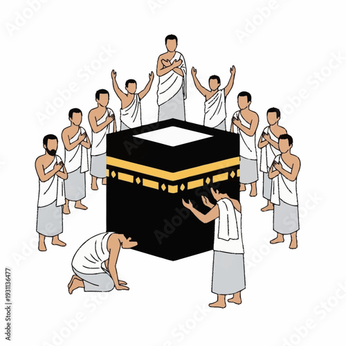 Men in white robes surround the Kaaba.