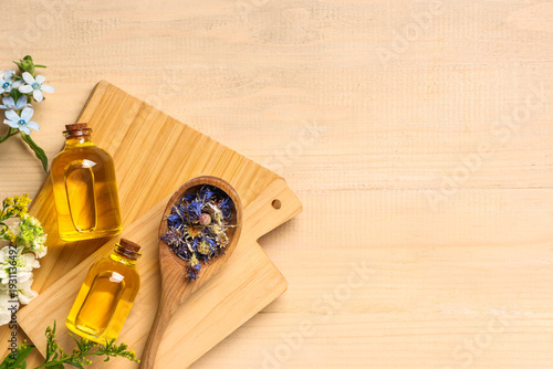 Bottles of essential oil wi...