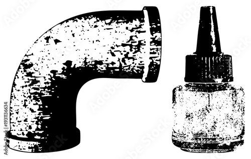 Weathered pipe elbow joint and adhesive bottle, industrial components, vector silhouette, halftone texture, mechanical, repair tools, workshop essentials.