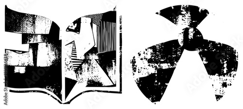 Stylized graphic forms featuring fragmented planes, angular geometry, and grainy halftone, rendered in high contrast.