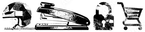 Vector halftone including stapler, padlock, shopping cart and pen, stylized graphic symbols, isolated objects, design.