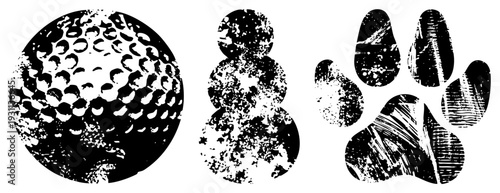 Grungy vector of golf ball dimples, stacked snowman, and paw print with distressed texture,, isolated symbols.