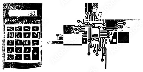 Retro handheld calculator displaying 190, paired with abstract circuit board fragments, tech decay aesthetic, digital nostalgia, electronics schematic.