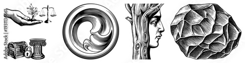 Hand cradles sapling near scales, locked chest by column, swirling motif, tree profile, textured rock vector art with halftone shading and clean.