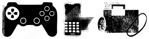 Black and white vector of gaming controller, phone with keypad, and camera bag, minimalist design, digital devices, tech gadgets, isolated foreground.