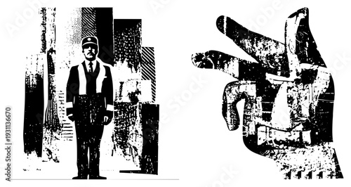 Black and white vector illustration of a uniformed guard and a hand gesture, halftone, graphic design, urban security concept.