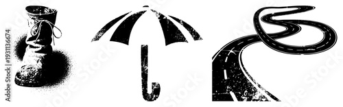 Stylized boot with laces, classic umbrella, winding road with dashed all in gritty halftone style, ideal for travel or weather themes.