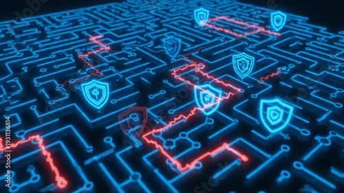 Futuristic, circuit-board style maze with a red path, glowing shields, and a digital aesthetic