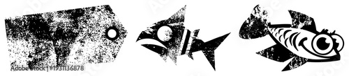 Retro styled fish silhouettes and price tag, distressed texture, graphic design elements, black and white vector art, isolated symbols.