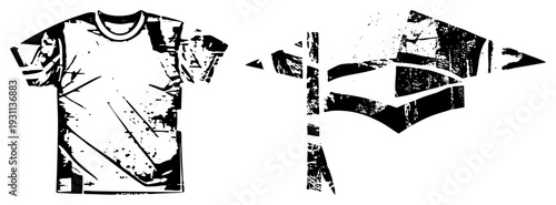 Black and white vector t shirt with grunge texture, paired with stylized arrow cutout, urban streetwear design, graphic tee print, isolated foreground elements.