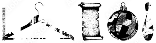 Classic clothing hanger, ancient parchment scroll, reflective disco ball, bowling pin, all rendered in halftone dot, vector for design use.