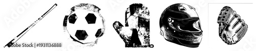 Set of athletic equipment with distressed texture, includes hockey stick, soccer ball, goalie glove, motorcycle helmet, baseball glove, vector sports gear.