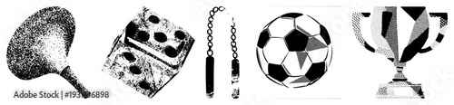 Classic ping pong paddle, dice, nunchaku, soccer ball, trophy rendered in halftone dots, vector graphic, isolated elements, sports equipment, game symbols.