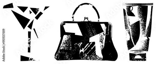 Stylized graphic of cocktail glass, vintage handbag, and cosmetic tube, halftone texture, bold shapes, isolated vector art.