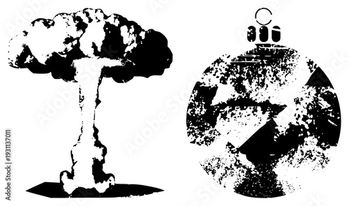 Atomic mushroom cloud with textured chaos, Imperial Star Destroyer with gritty distress, black and white vector, military sci fi, space warfare, dystopian design.