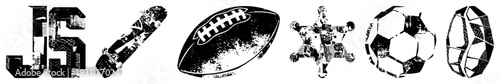 Distressed vector graphics of JS logo, skateboard, football, drone, soccer ball, and egg urban tech and sport symbols with gritty texture.