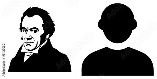 Black and white vector portrait of historical male figure with detailed facial features, juxtaposed with minimalist silhouette placeholder, ideal for user profile or anonymity concepts.
