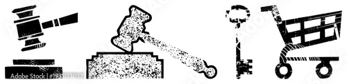 Distressed black including auction gavel, antique key, and shopping cart, stylized for retro or urban design, vector cutout elements.