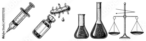 Medical syringe, bacterial cell, glass beaker, laboratory equipment, scientific research tools, vector illustration, medical science.