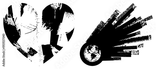 Stylized globe fragments with halftone texture, global map vector art, abstract earth design, world map cutout, geopolitical symbol, isolated continents, graphic design element.