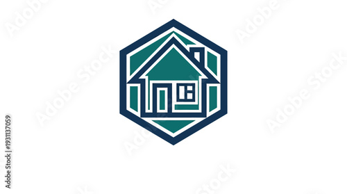 House vector teal house outline in a vibrant blue hexagon suitable for real estate logos or home decor designs. Raisepropertychanged, home renovation, property branding, construction projects, archite