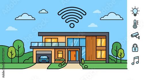 Modern smart home with a wifi signal icon, great for technologyrelated designs and smart home product promotions.