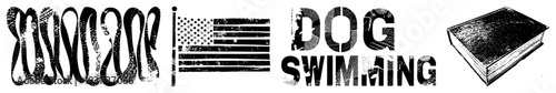 Graphic text art with flag, book, and dog swimming motifs, halftone texture, bold typography, vector illustration, isolated elements.