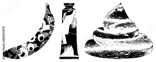 Black and white halftone vector illustrations of a banana with geometric, paint tube, and poop pile. Graphic design elements for creative projects. Vector art with stylized shapes.