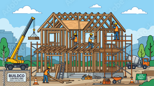 House vector illustration shows buildco construction workers completing a house. Ideal for construction, real estate, architecture, and buildingrelated designs.