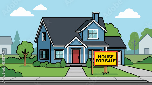 Charming blue house with a for sale sign vector illustration. Suitable for real estate websites, brochures, and property listings marketing.