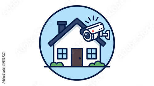 Secure home vector illustration with camera above the door suitable for security companies, real estate branding, and home safety publications.