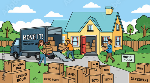 House vector with movers, boxes, moving truck. Suitable for moving companies, real estate, relocation services, home listings, and illustrations.
