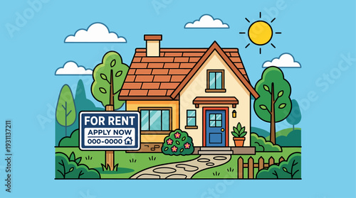 House vector with for rent sign under sunny sky. Ideal for real estate, rental, property, housing, and homerelated designs.
