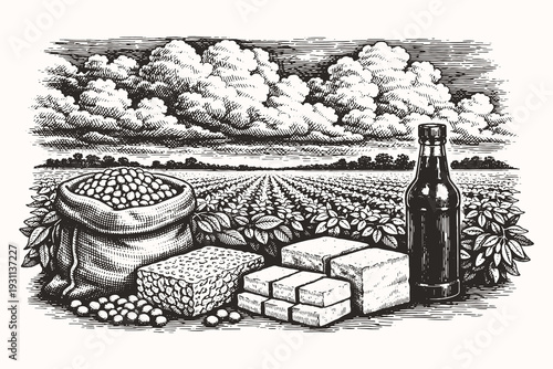 Vintage engraving line art vector illustration of soybean field with tofu blocks and sauce bottle, detailed black and white agricultural sketch