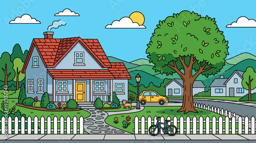 Charming house with bike on lawn vector illustration suitable for real estate promotions, home decor designs, and outdoor lifestyle branding.