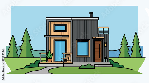 Modern cabin among green trees and grass vector ideal for naturethemed design projects. Suitable for ecofriendly branding, outdoor lifestyle illustrations.