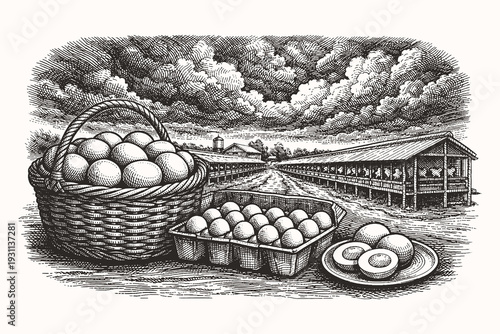 Vintage engraving line art vector illustration of egg basket and poultry farm landscape, detailed black and white agricultural sketch