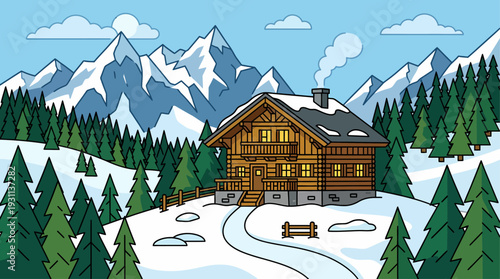 House vector art of log cabin in snowy mountains suited for winterthemed designs, holiday cards, and cozy home decor.