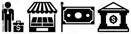 Businessman with briefcase, storefront, dollar bill, bank building symbols of commerce, finance, and economic activity. vector set for business concepts.