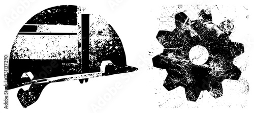 Safety helmet with brim and chin strap alongside mechanical gear, both rendered in gritty halftone style, representing construction, engineering, and industrial.