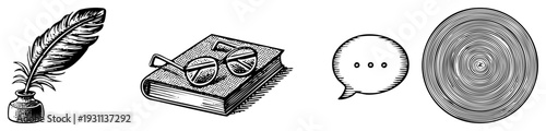 Quill pen in inkwell, book with reading glasses, speech bubble with ellipsis, spiral disc classic knowledge and dialogue.